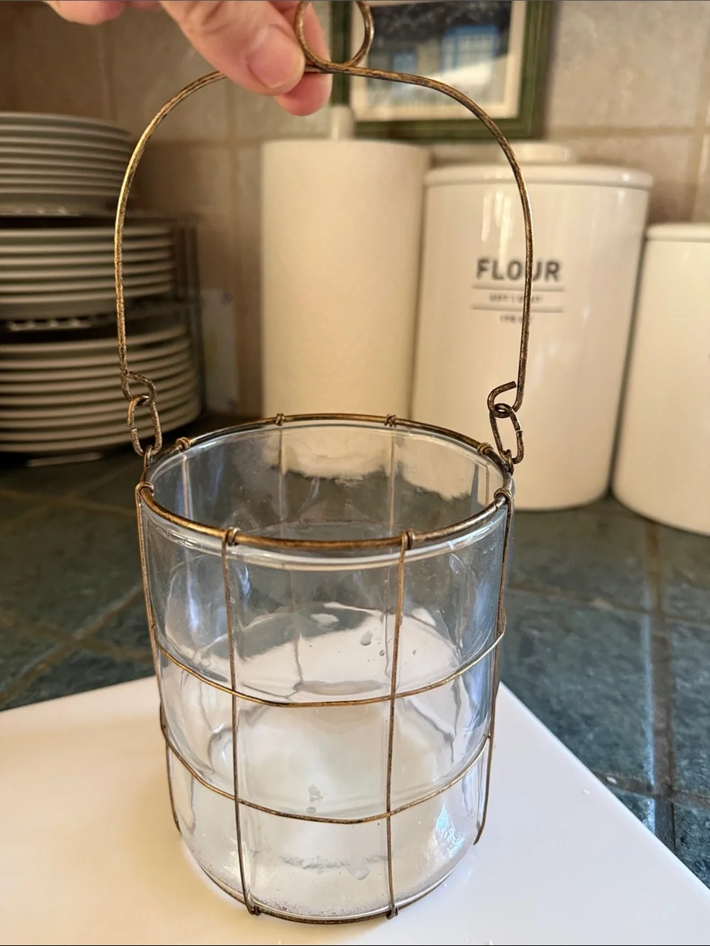 Clear Glass Lantern with Coppery Wire Cage with Handle
